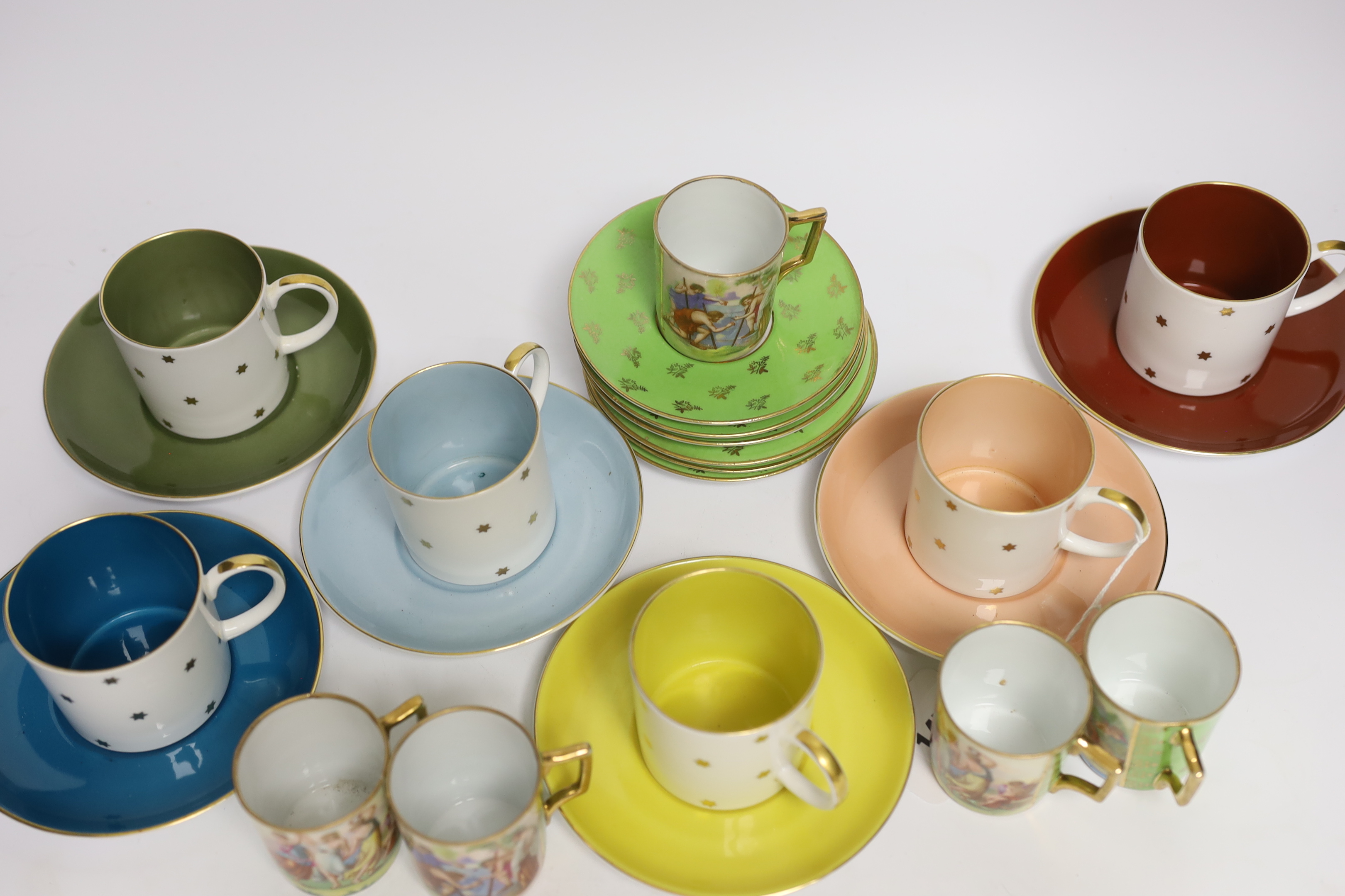 Set of six Susie Cooper bone china multi-coloured cups and saucers together with six Victoria saucers and five cups, largest 14cm in diameter